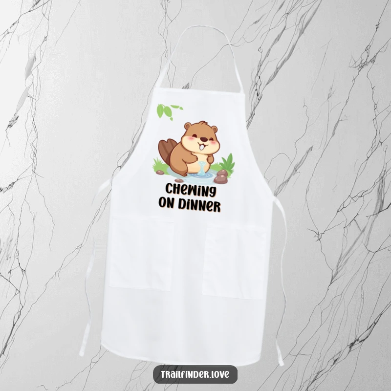 Funny chef apron featuring a contented beaver character happily drinking from a stream, adding relaxed humor to cooking.