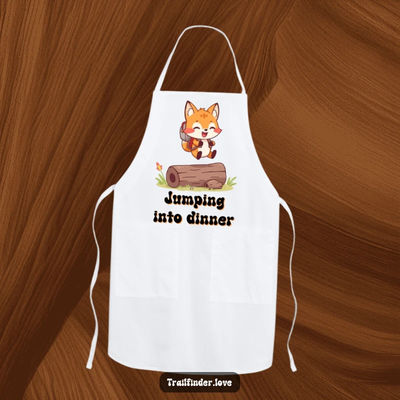 Funny apron with a cheerful fox wearing a backpack, joyfully leaping over a log, perfect for an adventurous cook.