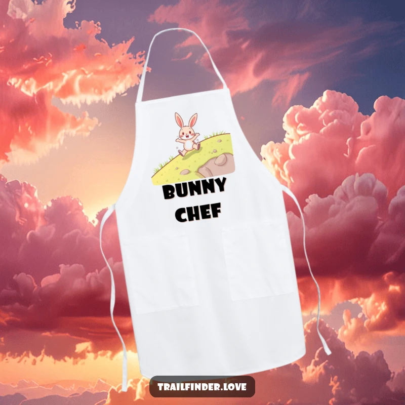 Funny apron featuring a happy rabbit character energetically hopping uphill, perfect for kitchen tasks with a smile, ideal funny gift.