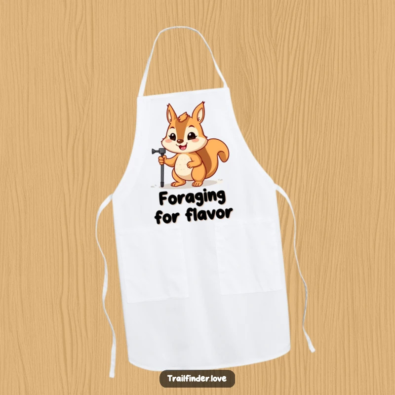 Funny apron with a happy squirrel holding a hiking pole, its determined expression perfect for an adventurous cook.