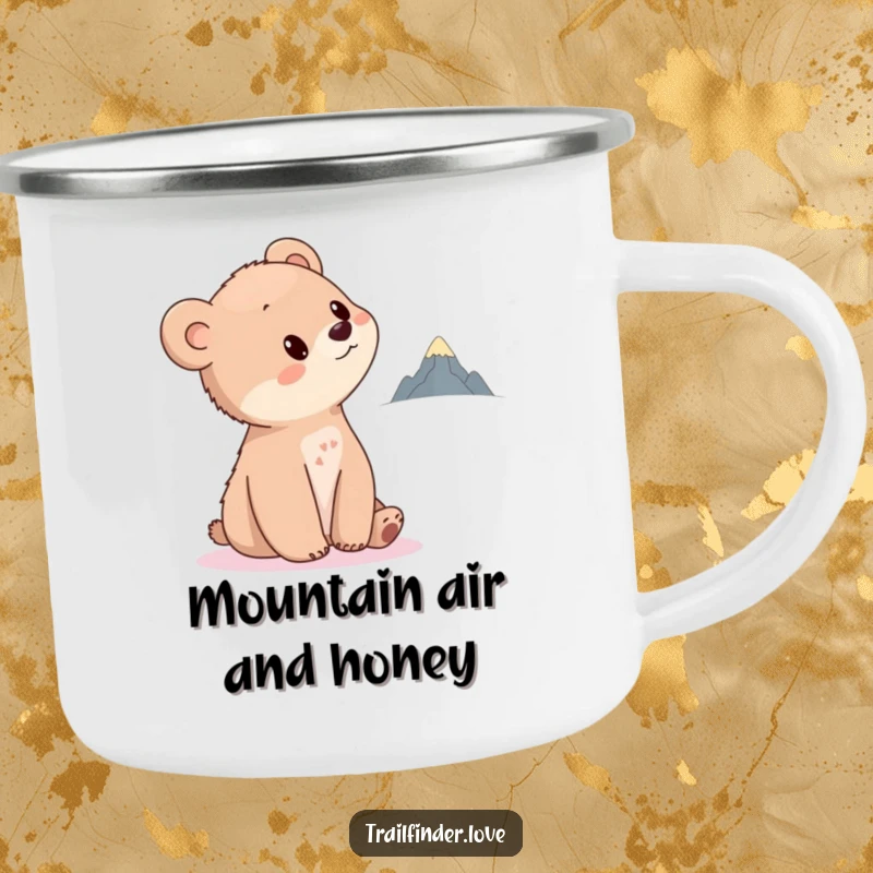 Funny Bear Cub Camping Mug showing a curious cub tilting its head towards a distant, tiny mountain, built for adventure and inspired sipping.