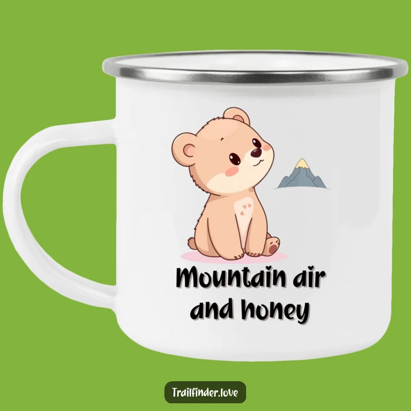Funny Bear Cub Camping Mug: Curious Cub Gazing at Tiny Mountain, Outdoor Funny Gift