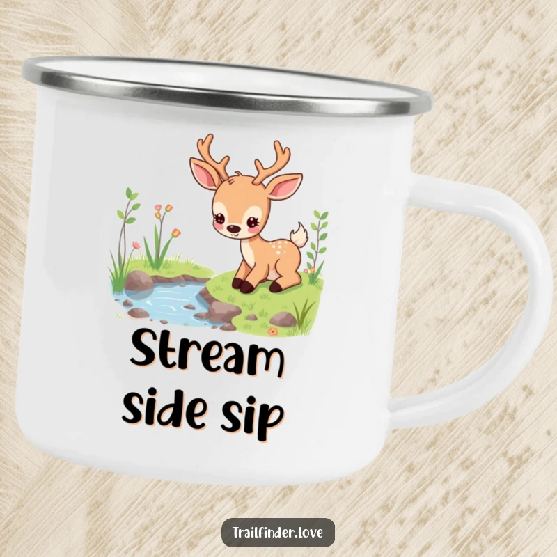 Funny camping mug featuring a content deer character peacefully grazing near a stream, perfect for outdoor serenity, ideal funny gift.
