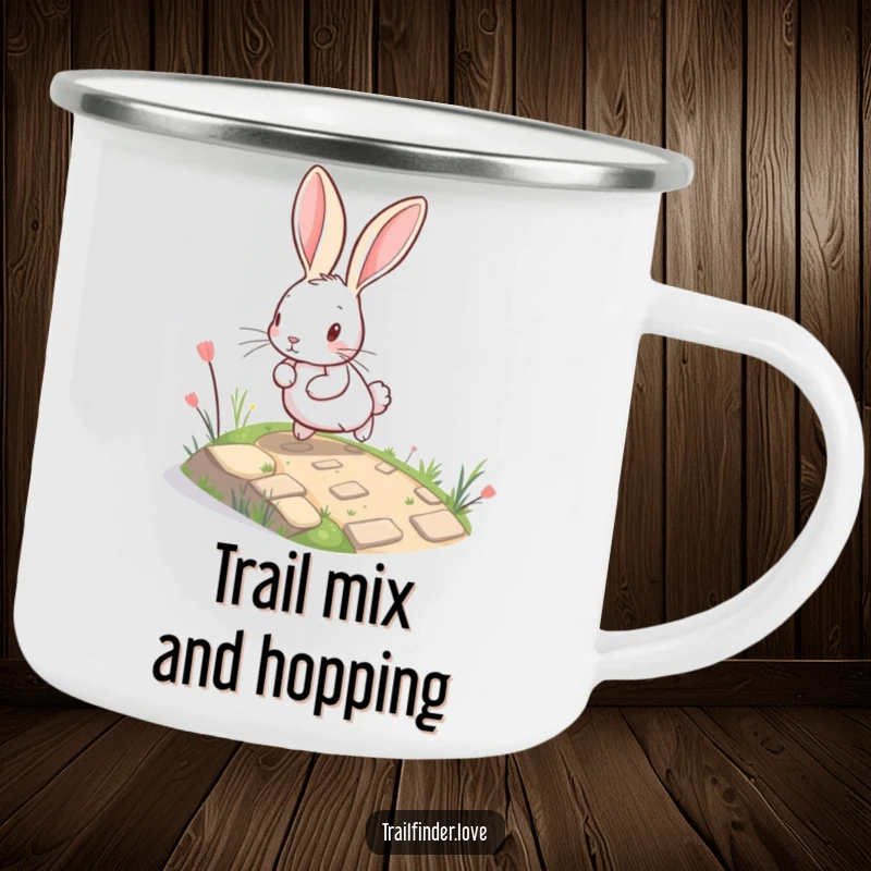Funny Rabbit Camping Mug showing a playful, large-eared bunny bounding up a winding, miniature path, built for adventure and outdoor enjoyment.