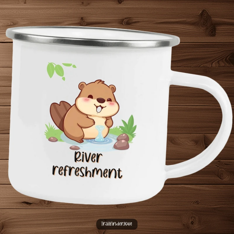 Funny enamel camping mug with a contented beaver character drinking from a stream, ready for campfire stories.