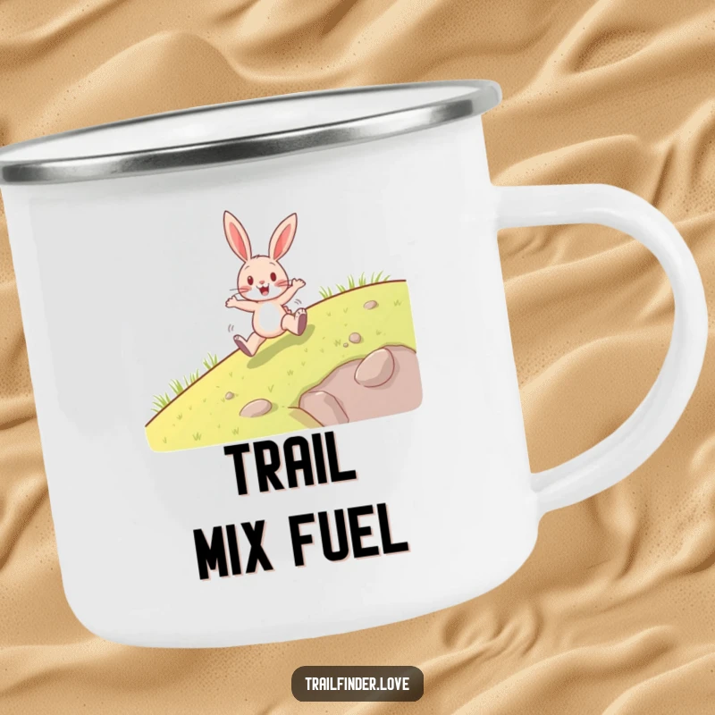 Funny camping mug with a happy rabbit character energetically hopping uphill, designed for outdoor adventures, perfect funny gift.
