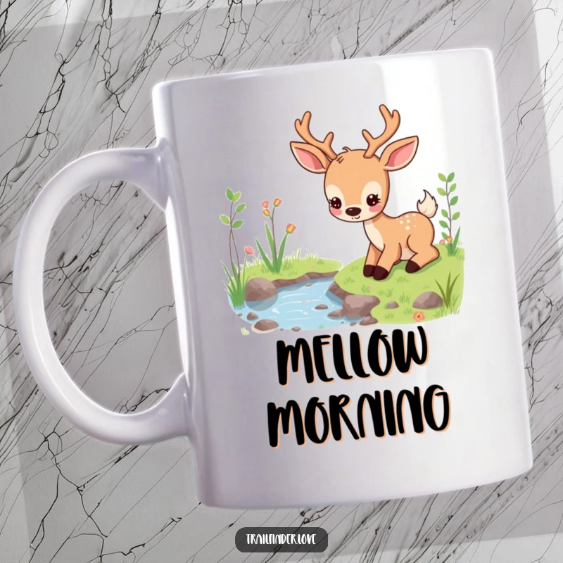 Funny mug showing a content deer character peacefully grazing near a tranquil stream, embodying nature's calm, great funny gift.