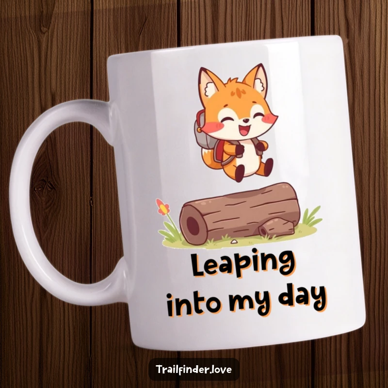 Funny mug shows a cheerful fox with a tiny backpack joyfully leaping over a small log, embodying adventure.