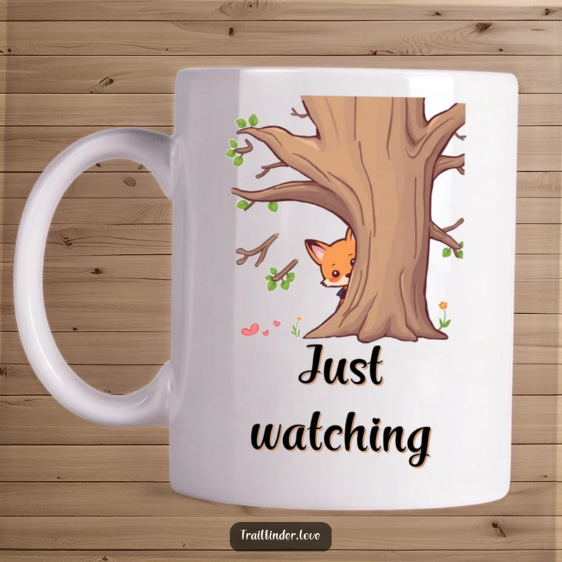 Funny mug illustrating a curious fox character playfully peeking from behind a large tree, embodying mystery and mischief, great funny gift.