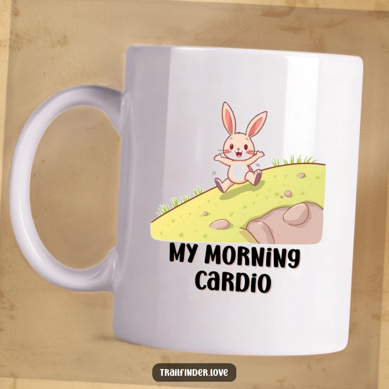 Funny mug showcasing a happy rabbit character energetically hopping uphill, symbolizing determination and joy, a perfect motivational gift.