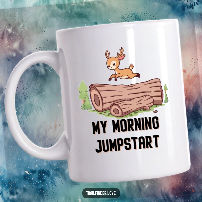 Funny mug featuring an energetic cartoon deer mid-leap over a fallen log, showcasing pure joy and wild freedom.