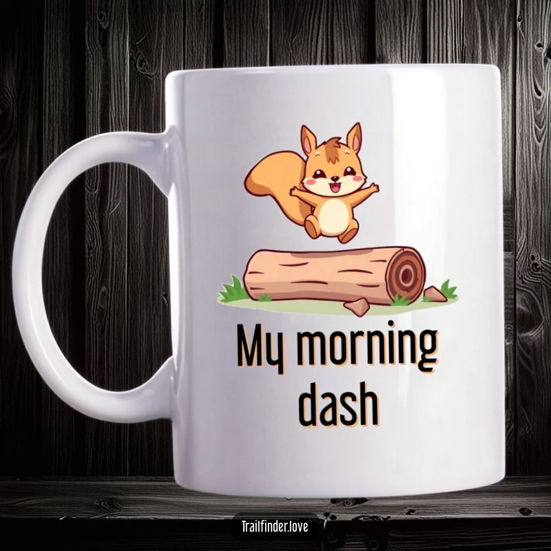 Funny mug featuring a cheerful squirrel character leaping joyfully over a fallen log, embodying playful energy and woodland fun.