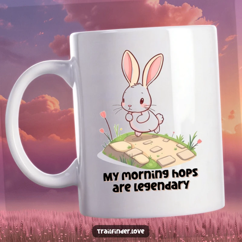 Funny Rabbit Mug featuring a large-eared bunny playfully bounding up a winding, miniature path, conveying a sense of adventure and joy.