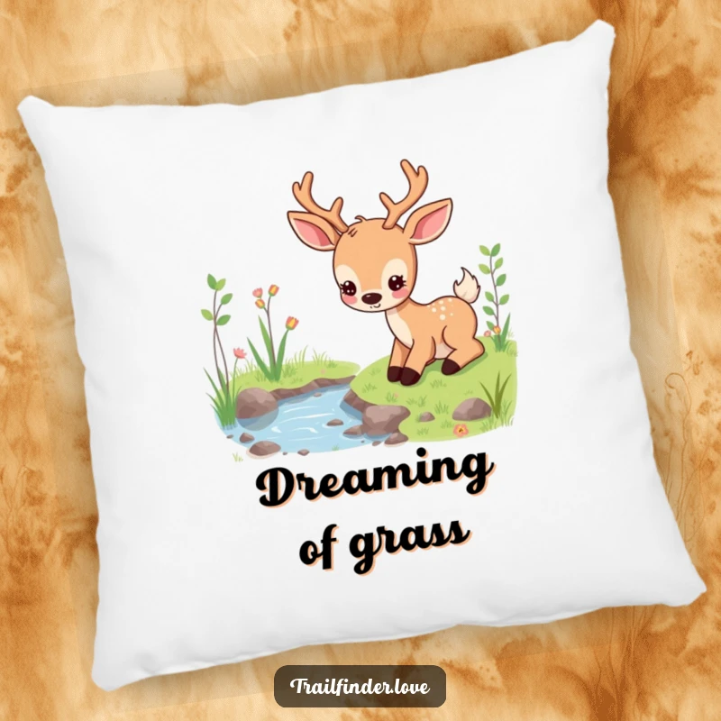 Funny pillow featuring a content deer character peacefully grazing near a stream, offering comfort and natural tranquility, wonderful funny gift.