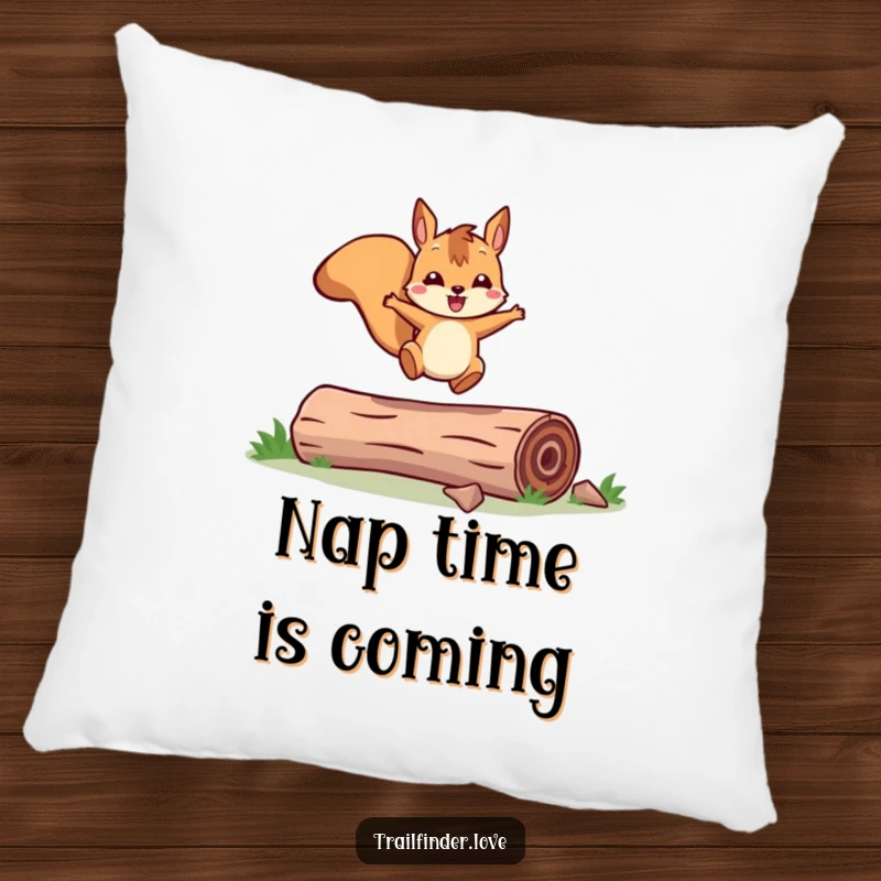 Funny pillow with a cheerful squirrel character joyfully leaping across a log, providing soft comfort and a whimsical woodland theme.