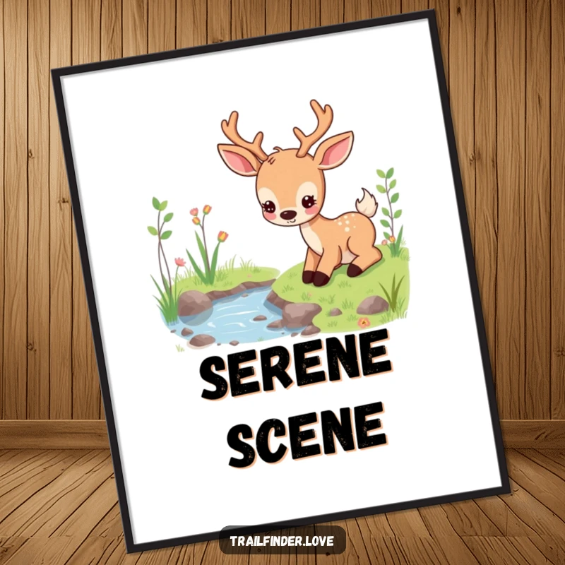 Funny digital art print of a content deer character peacefully grazing near a stream, full of tranquility and natural beauty, perfect funny gift.