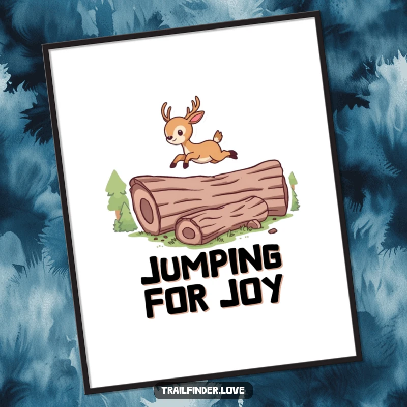 Funny digital art of an energetic deer leaping over a log, capturing a moment of pure wild joy.