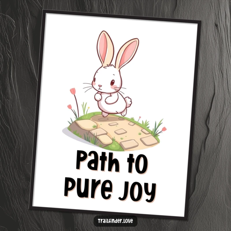 Funny Rabbit Digital Art Print of a joyful, large-eared bunny bounding up a winding, miniature path, ready for immediate download and display.