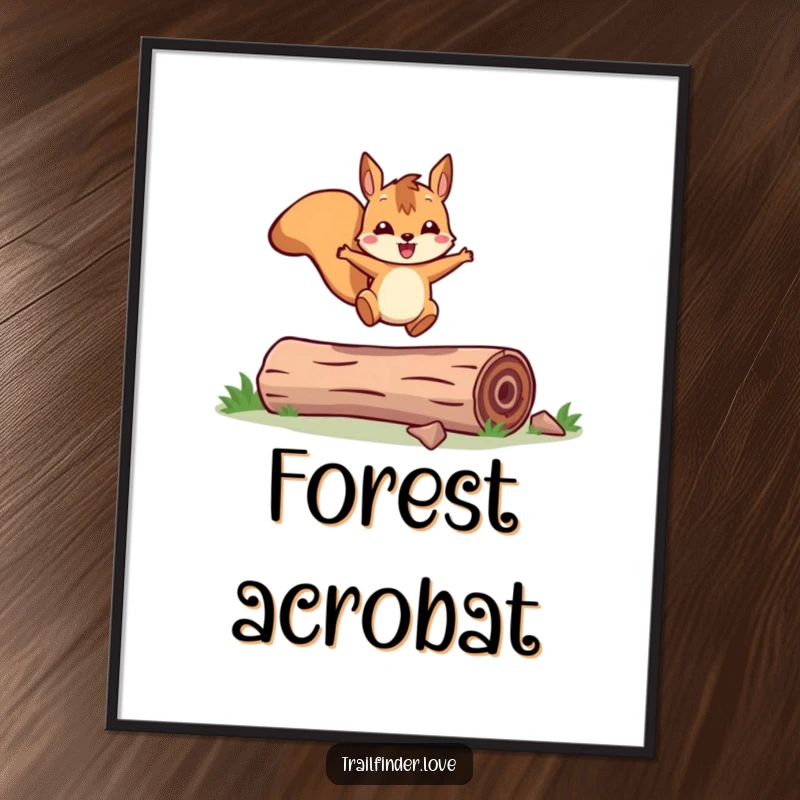 Funny digital art print of a cheerful squirrel character joyfully leaping across a fallen log, capturing vibrant energy and woodland spirit.