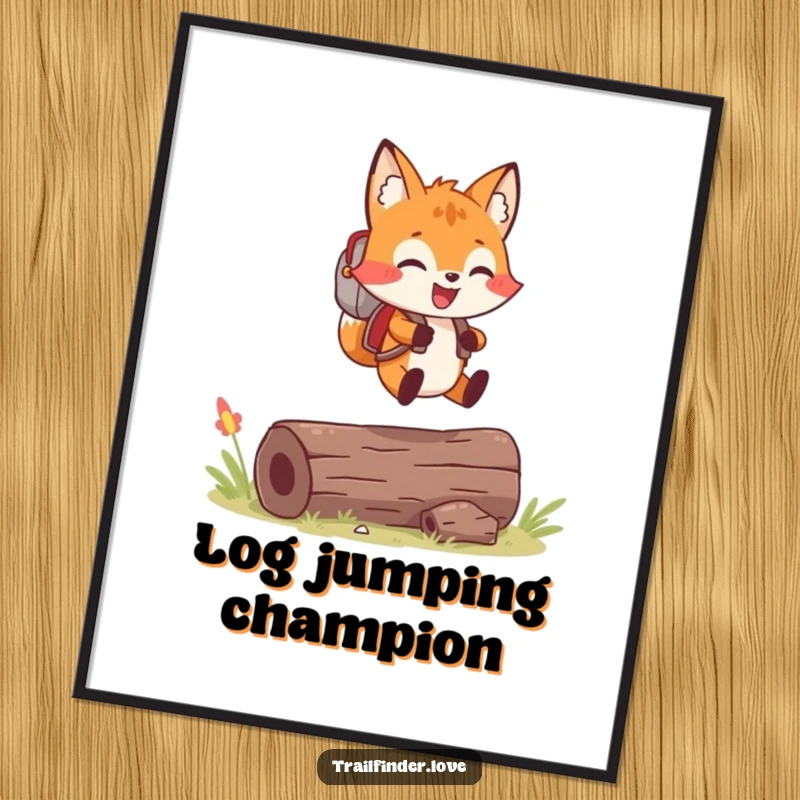 Funny digital art print of a cheerful fox with a backpack joyfully leaping over a log, for instant happy decor.