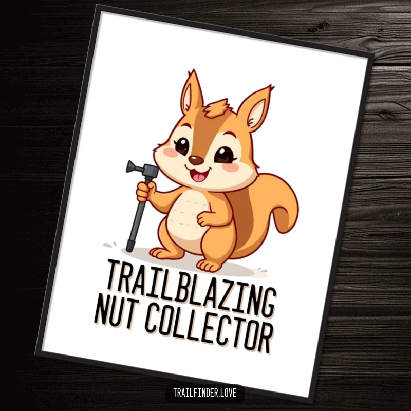 Funny digital art print of a happy squirrel with a determined expression holding a hiking pole, for instant adventure decor.