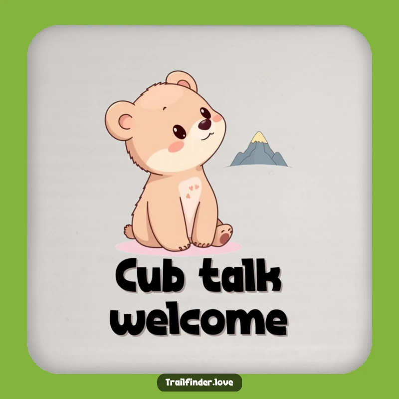 Funny Bear Cub Drink Coaster: Curious Cub Gazing at Tiny Mountain, Protective Funny Gift
