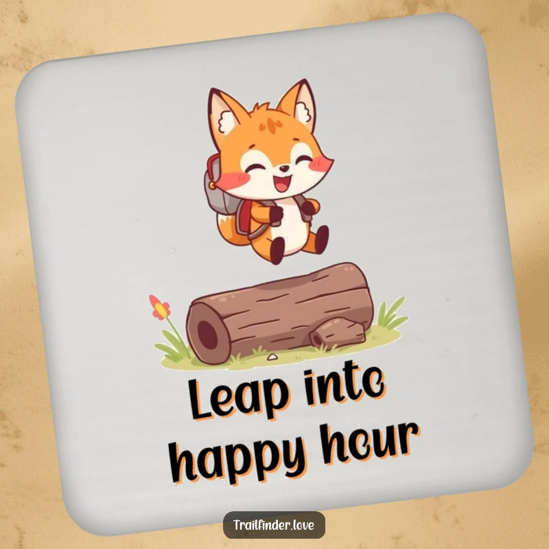 Funny drink coaster featuring a cheerful fox wearing a small backpack, joyfully leaping over a log.