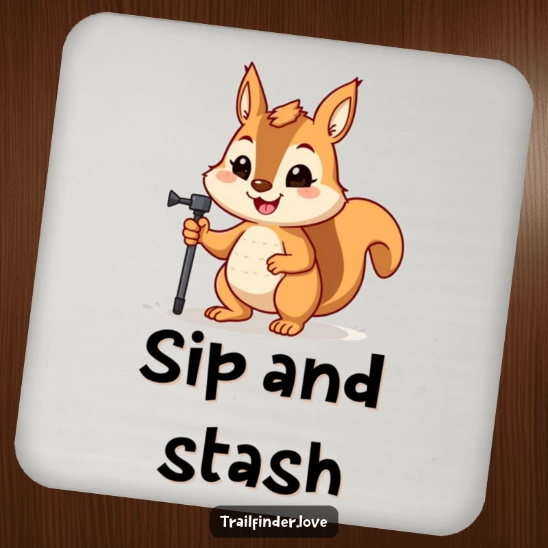 Funny drink coaster featuring a happy squirrel holding a hiking pole, its determined expression ready for anything.