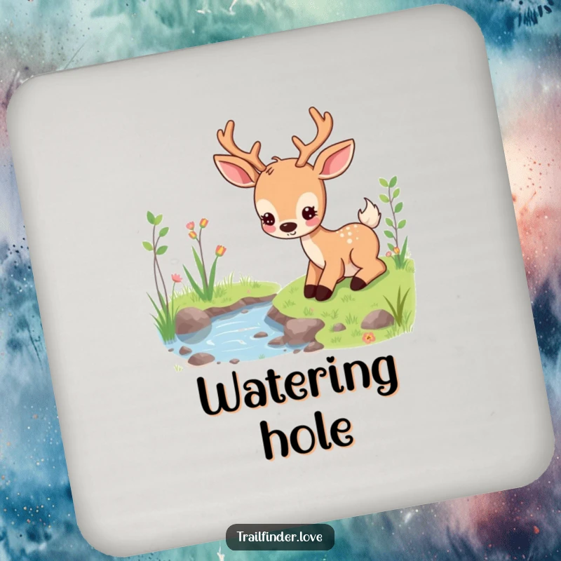 Funny drink coaster featuring a content deer character grazing peacefully near a stream, adding natural charm and surface protection, ideal funny gift.