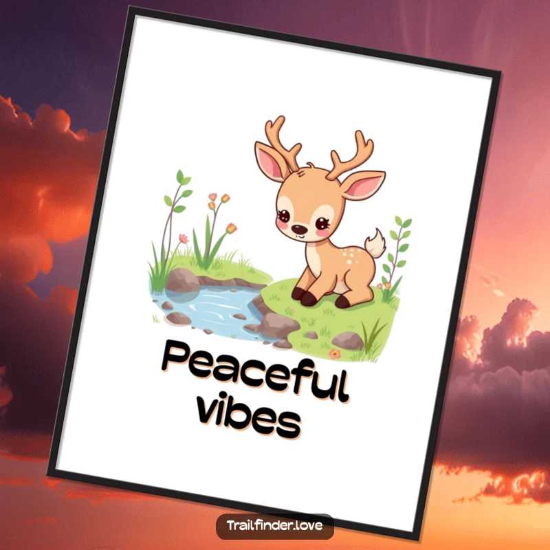 Funny poster print of a content deer character peacefully grazing near a stream, evoking a sense of calm and natural beauty, excellent funny gift.