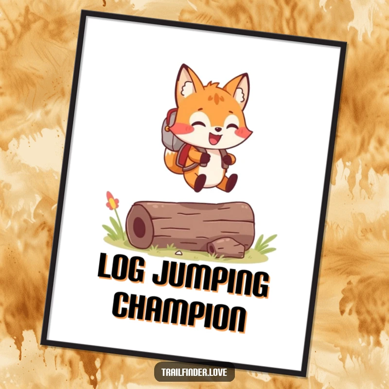 Funny poster art capturing a cheerful fox with a backpack joyfully leaping over a log, bringing nature's fun indoors.