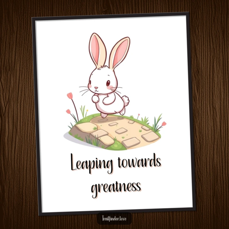 Funny Rabbit Poster showcasing a charming, large-eared bunny energetically bounding up a winding, miniature path, adding a whimsical artistic touch to decor.