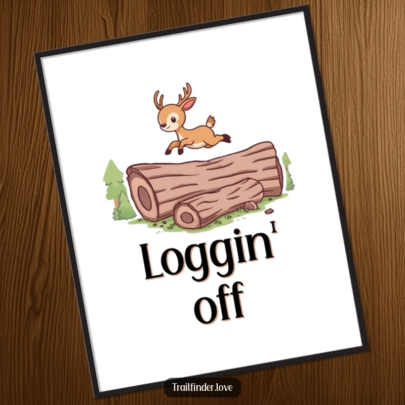 Funny poster print of an energetic deer character leaping gracefully over a wooden log, full of life.