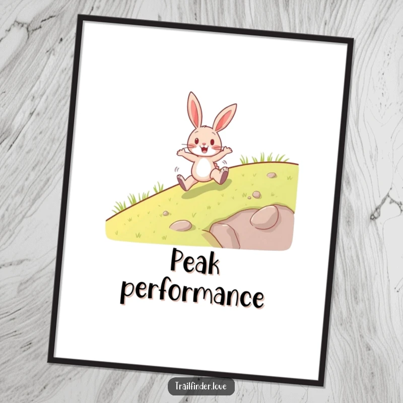 Funny poster print of a cheerful rabbit character, vigorously hopping uphill, symbolizing motivation and a positive journey, great funny gift.