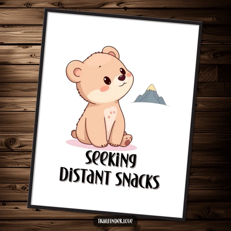 Funny Bear Cub Poster showcasing a curious cub tilting its head towards a distant, tiny mountain, offering artistic inspiration and a sense of dreams.