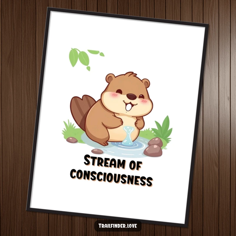 Funny poster print of a contented beaver character peacefully drinking from a stream, embodying pure bliss.