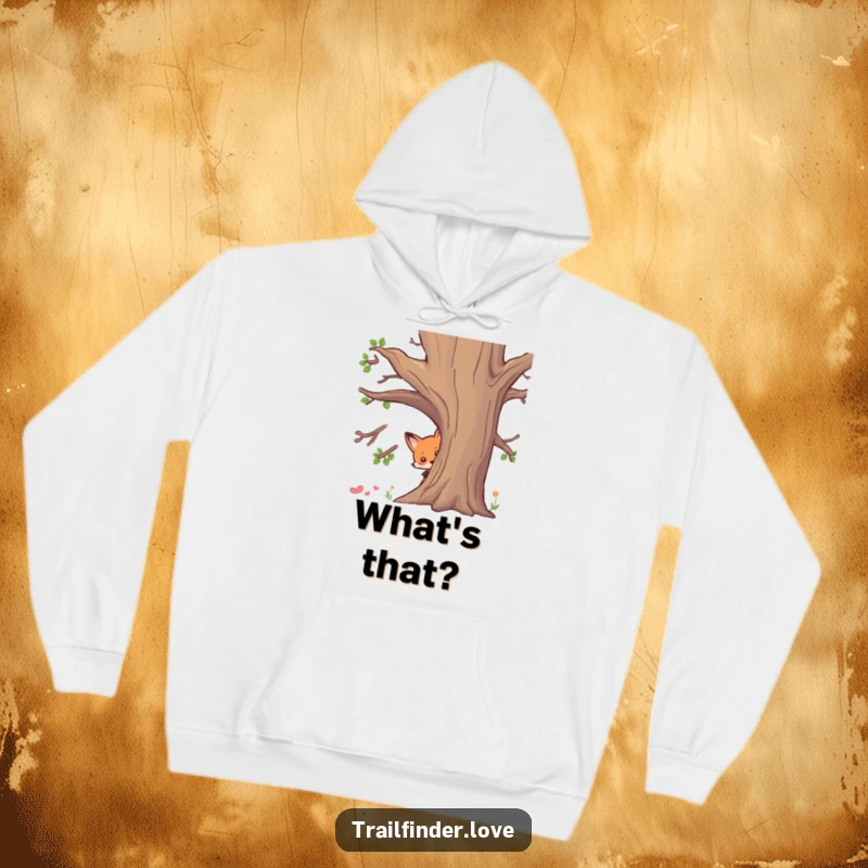 Funny hoodie depicting a curious fox character peeking from behind a large tree, offering warmth and a touch of mystery, ideal funny gift.