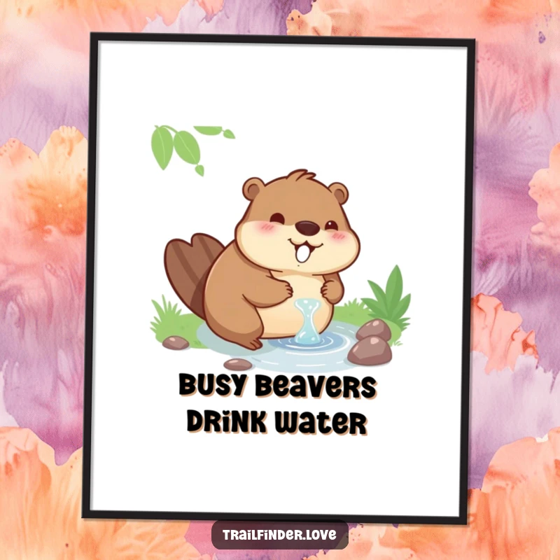 Funny Free Printable Wall Art: A contented beaver character peacefully drinking from a stream, embodying relaxation and subtle humor.