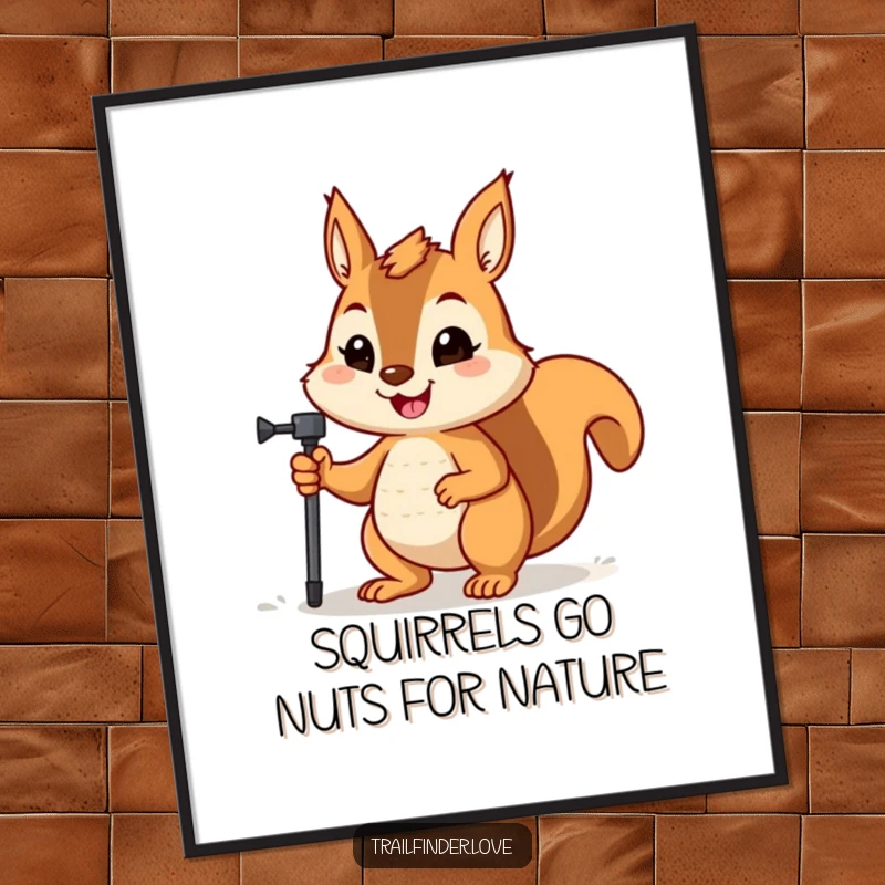 Funny Free Printable Wall Art: Determined squirrel gripping a hiking pole, ready for an epic outdoor adventure.