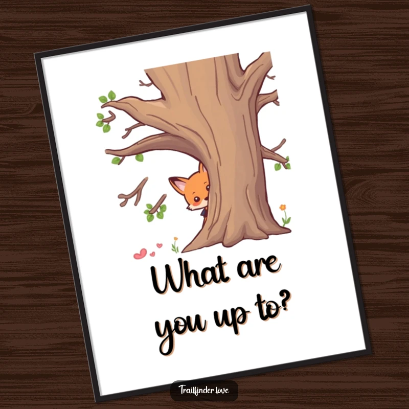 Funny Free Printable Wall Art: A curious fox peeking from behind a large tree, creating a sense of playful intrigue and charm.