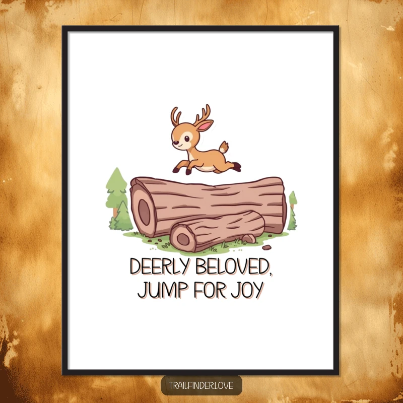 Funny Free Printable Wall Art: An energetic deer character in mid-leap over a fallen log, bringing dynamic humor to decor.