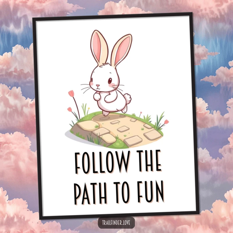 Funny Free Printable Wall Art: A large-eared rabbit joyfully hops up a miniature winding pathway. Whimsical, downloadable art for any wall.
