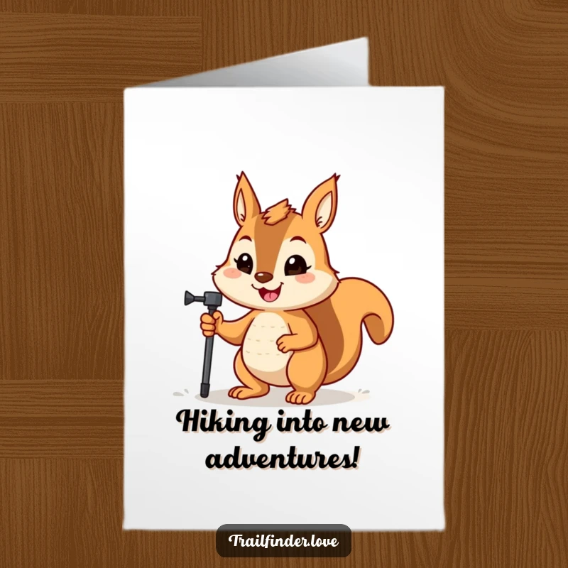 Funny Free Printable Birthday Card: Determined squirrel with a hiking pole ready for an adventure, happy birthday.
