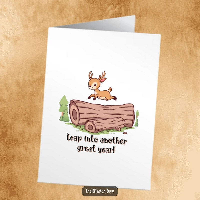 Funny Free Printable Birthday Card: Energetic deer character joyfully leaping over a fallen log, ready to deliver birthday wishes.