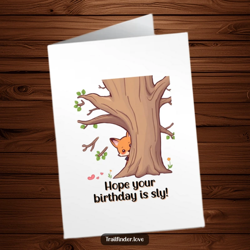 Funny Free Printable Birthday Card: A mischievous fox curiously peeking from behind a large tree, hinting at a fun surprise.