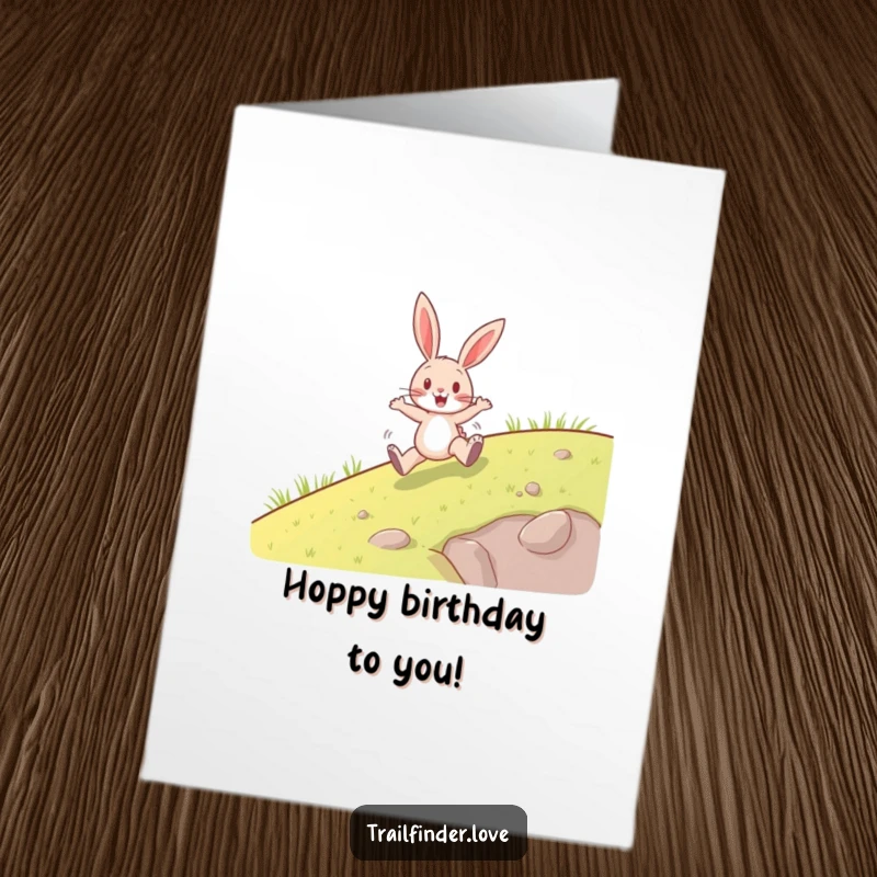 Funny Free Printable Birthday Card: Energetic rabbit joyfully hopping uphill, celebrating a special occasion with excitement.
