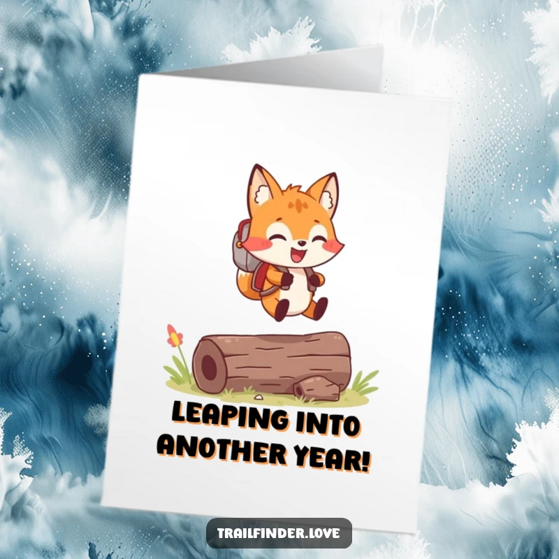 Funny Free Printable Birthday Card: Cheerful fox with a backpack joyfully leaps over a log, happy birthday.