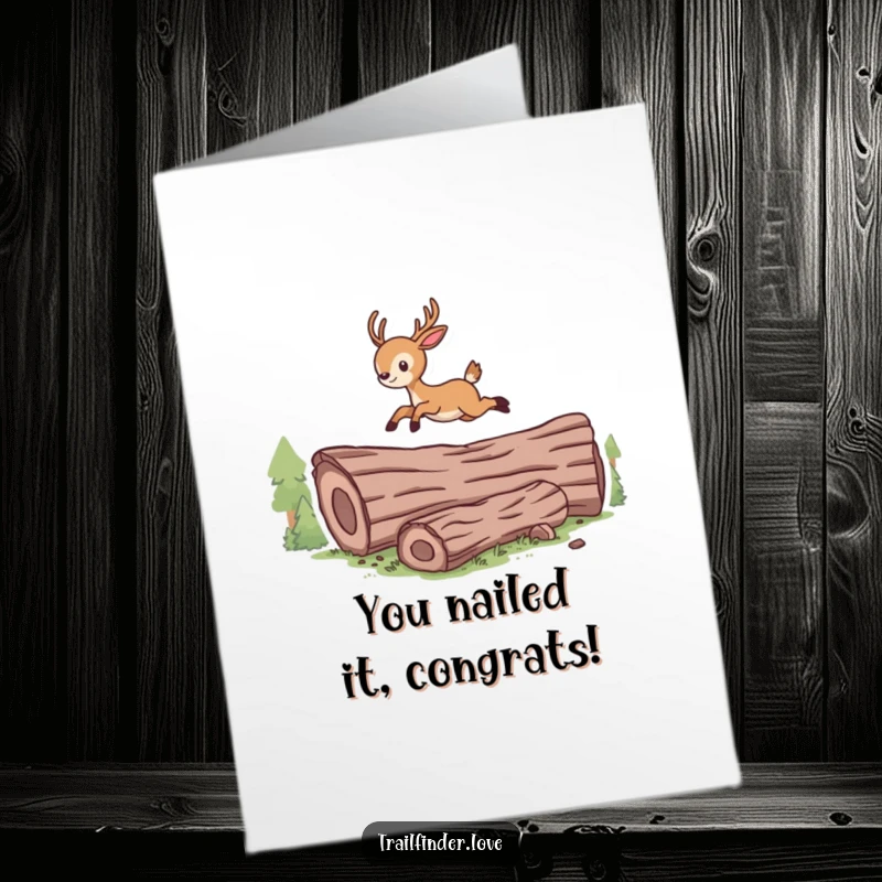 Funny Free Printable Congrats Card: Energetic deer character triumphantly leaping over a log, celebrating a big win.
