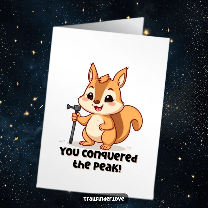 Funny Free Printable Congrats Card: Determined squirrel with a hiking pole, celebrating reaching the summit.