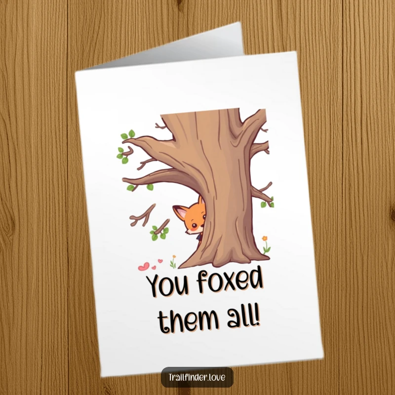 Funny Free Printable Congratulations Card: A curious fox peeking from behind a tree, symbolizing the reveal of exciting and positive news.